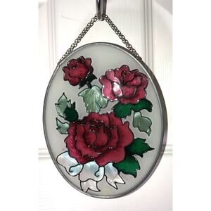 Painted or Stained Glass Rose Wall Hanging Decoration Oval 6.5"x5"